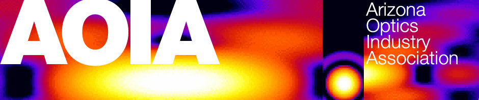 Optical interference pattern in violet, crimson and amber behind the white AOIA wordmark
